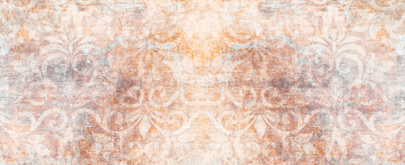 Old brown orange white rusty vintage shabby patchwork motif tiles stone concrete cement wall texture background banner - obrazy, fototapety, plakaty