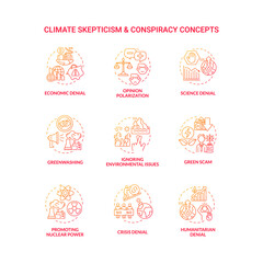 Climate skepticism and conspiracy gradient concept icons set. Economic and humanitarian denial. Promoting nuclear power idea thin line color illustrations. Vector isolated outline drawings.
