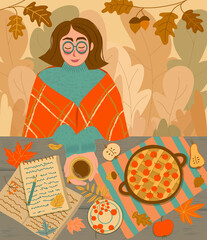 Girl wrapped in a cozy plaid is sitting in the autumn garden with a mug of hot coffee in her hands. Notebooks, apples, pears, autumn leaves and pie with berries on the table. Vector illustration