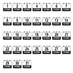 October calendar vector set from the 1st to the 31st