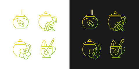 Herbal tea gradient icons set for dark and light mode. Hibiscus beverage. Camomile infusion.Thin line contour symbols bundle. Isolated vector outline illustrations collection on black and white