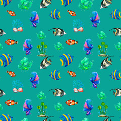 Fototapeta na wymiar Watercolor seamless pattern of marine life, fish, Watercolor marine seamless pattern.Sea background Sea life. Hand-drawn Animals, Plants, a lighthouse, Ship navigation equipment.Fish, jar, aquarium.