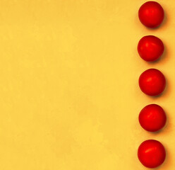 Tomatoes in vertical line on a concrete bright yellow background , top view, copie space