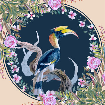 Watercolor painting of a tropical hornbill on a curved branches in a dark circle surrounded by retro style botanical flowers. and decorate the bouquet in the corner. 