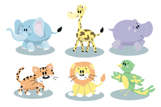 wildlife animals from hot countries in cartoon style - giraffe, hippo, lion, parrot, tiger and elephant