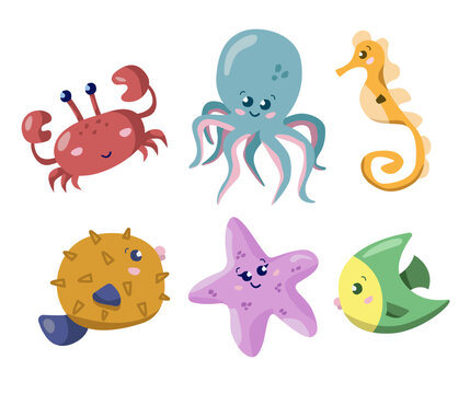 Sea animals in cartoon style - octopus, crab, seahorse, fish, fish ball and starfish