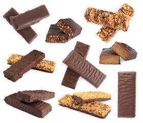 Set with different delicious protein bars on white background