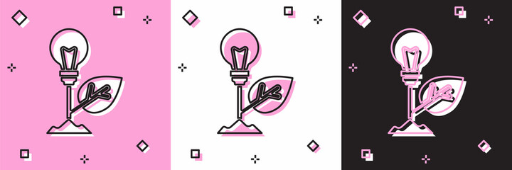 Set Light bulb with leaf icon isolated on pink and white, black background. Eco energy concept. Alternative energy concept. Vector