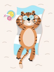 Cute tiger on the beach towel in sunglasses, illustration in color on beige background for summer calendar 2022 or t-shirt print, card invitation, nursery poster. Flat vector illustration