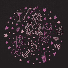 Vector illustration of cats in love for a romantic day. Pictures of cats in vector format for the design of a romantic celebration, postcards, posters, invitations, hot stand, souvenirs.