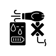 No hair dryer if powerbank wet black glyph manual label icon. Overheating hazard. Moisture build up inside. Silhouette symbol on white space. Vector isolated illustration for product use instructions