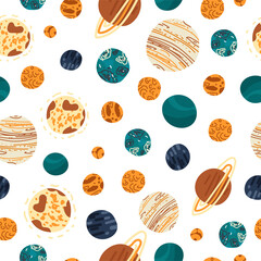 Vector flat space seamless pattern. Cute pattern with planets in a hand-drawn cartoon style on a white background. Design for nursery, wallpaper, stationery, clothing, textiles, bedding.