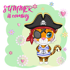 Cartoon tiger pirate in a striped T-shirt, cocked hat, with an eye patch. Summer is coming. Children's style, sweetheart. Symbol of the New Year 2022