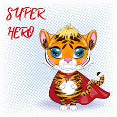 Cute cartoon tiger with beautiful eyes, orange in a red cloak, super hero