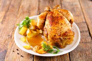 roasted chicken with sauce and potatoes