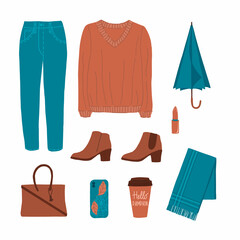 Autumn clothes clip art. Colorful line filled set. Stock vector illustration.