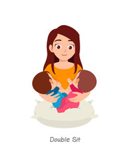 mother breastfeeding twin baby with pose named double sit