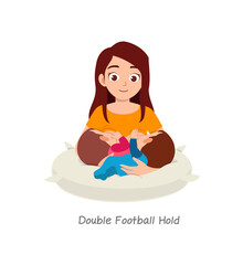 mother breastfeeding twin baby with pose named double football hold