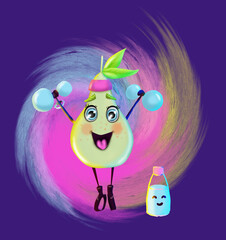 a happy pear jumps in training with dumbbells.