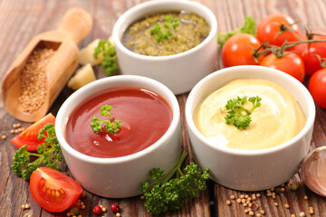 set of sauce- ketchup, mayo and pesto sauce