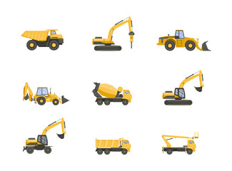 Set of cunstruction vehicles. Vector flat design trucks isolated on white transparent background.
