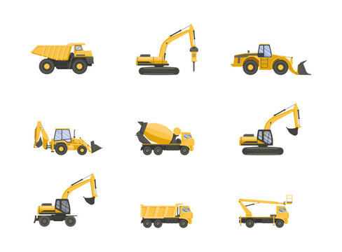 Set of cunstruction vehicles. Vector flat design trucks isolated on white transparent background.