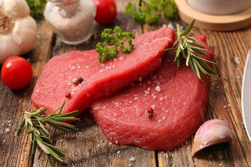 raw beef steak and herbs