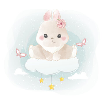 Cute Little Bunny Sitting on Cloud © Lorarts
