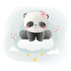 Cute Little Panda Sitting on Cloud