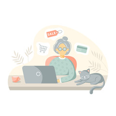 Elderly gray-haired woman sitting at desk with cat and doing online shopping. Senior woman using laptop. Modern technologies in old age. Vector flat style illustration.