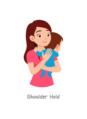 mother holding baby with pose named shoulder hold