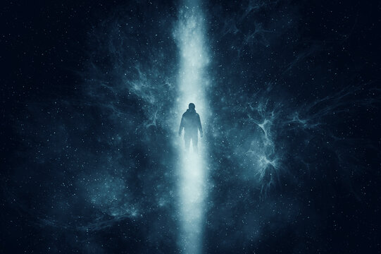 A mystical concept. Of a mysterious man silhouetted against a light beam and the universe.