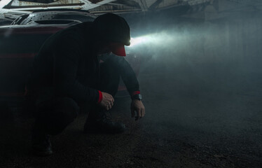 Caucasian Heavy Drugs User in Front of His Car