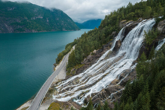 Aerial View of Norwegian Furebergfossen Waterfall