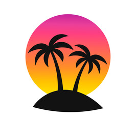 Palm trees at sunset island. Colorful sunset sun symbol.