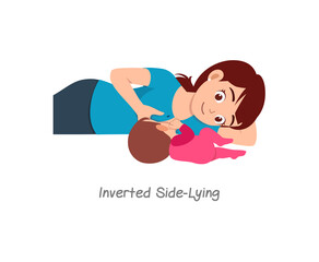mother breastfeeding baby with pose named inverted side lying