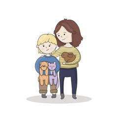 Happy family, mom and son are holding cute pets, cat, dog and bunny.