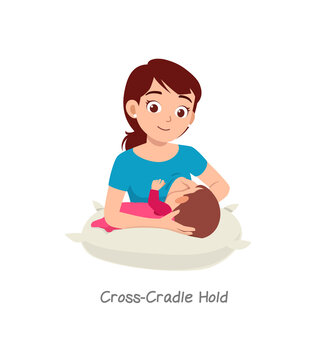 Mother Breastfeeding Baby With Pose Named Cross Cradle Hold