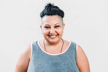 Positive middle age woman with Cherokee haircut