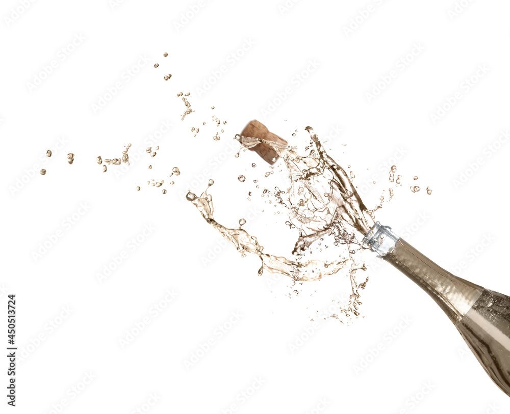 Poster Sparkling wine splashing out of bottle on white background