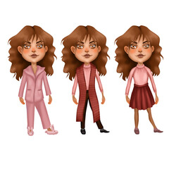 cartun illustration. The character is a white girl with long hair and a set of different clothes