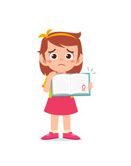 cute little girl feel sad because get bad grade from exam
