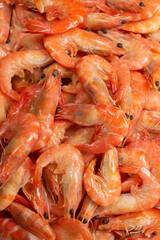 Shrimps background texture. A lot of shrimps. Cooked shrimps.