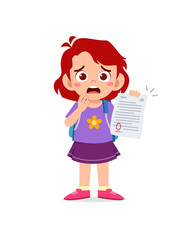 cute little girl feel sad because get bad grade from exam