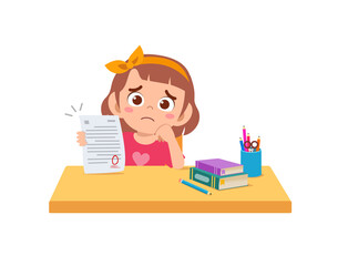 cute little girl feel sad because get bad grade from exam