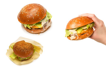 Hamburger in woman hands isolated on a white background.