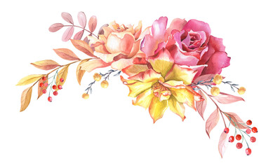Obraz na płótnie Canvas Watercolour arrangement of roses and leaves. Autumn composition withy yellow,pink rose