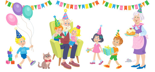 Happy Birthday! Children with flowers, balloons and gifts. Grandma with cake. Grandfather with grandchildren in festive hats in a chair. In cartoon style. Isolated on white. Vector flat illustration