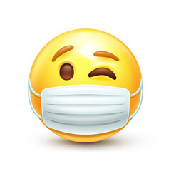 Emoji with medical mask. Winking emoticon yellow face wearing surgical mask to avoid sickness 3D stylized vector icon