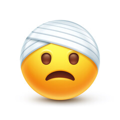 Bandaged head emoji. Injured emoticon with head-bandage, clumsy yellow face with sad smile 3D stylized vector icon